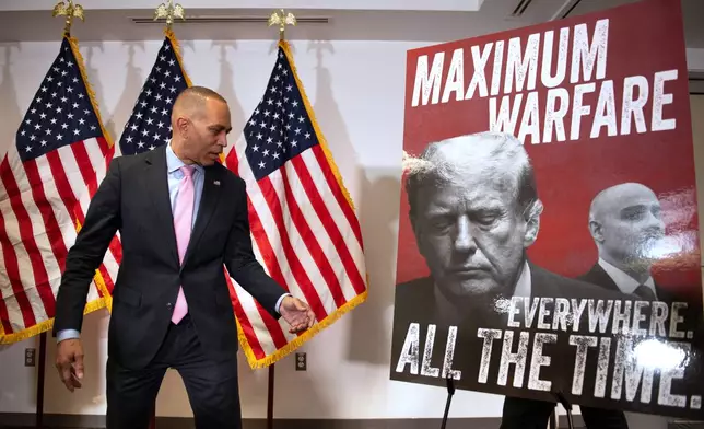 House Minority Leader Hakeem Jeffries, D-N.Y., speaks about Virginia's redistricting vote, at the Democratic National Committee headquarters in Washington, Wednesday, April 22, 2026. (AP Photo/Cliff Owen)