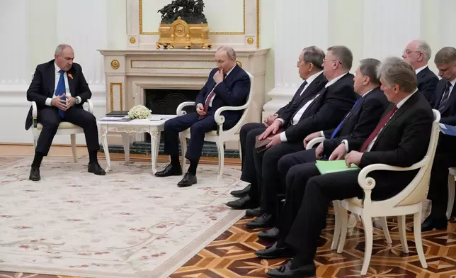 FILE - Russian President Vladimir Putin, center right, and Armenian Prime Minister Nikol Pashinyan, left, meet in the Kremlin, in Moscow, Wednesday, April 1, 2026. (AP Photo/Pavel Bednyakov, Pool, File)