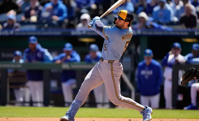 Milwaukee Brewers' Garrett Mitchell watches his two-run double during the first inning in the first baseball game of a doubleheader against the Kansas City Royals, Saturday, April 4, 2026, in Kansas City, Mo. (AP Photo/Charlie Riedel)