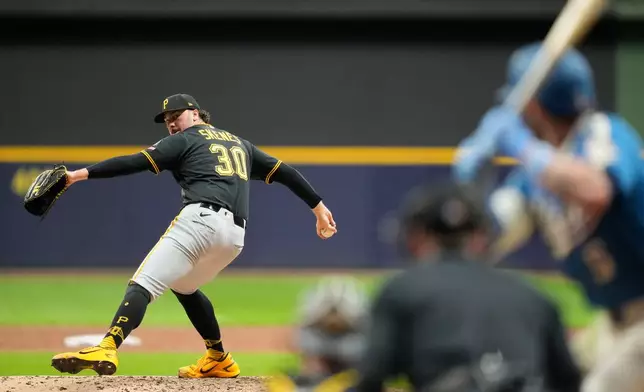 Pittsburgh Pirates pitcher Paul Skenes (30) throws during the fifth inning of a baseball game against the Milwaukee Brewers, Friday, April 24, 2026, in Milwaukee. (AP Photo/Kayla Wolf)