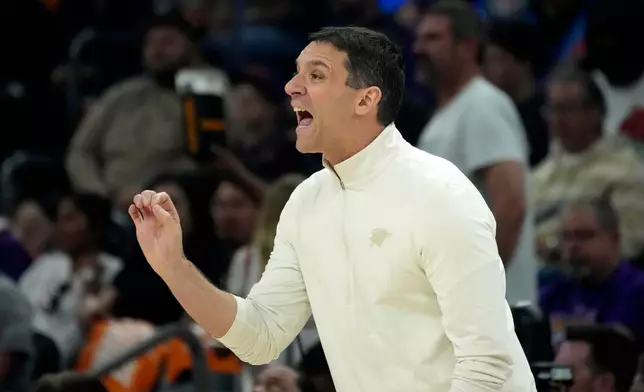 Oklahoma City Thunder head coach Mark Daigneault shouts instructions to his players during the first half of Game 4 in a first-round NBA playoffs basketball series against the Phoenix Suns, Monday, April 27, 2026, in Phoenix. (AP Photo/Ross D. Franklin)