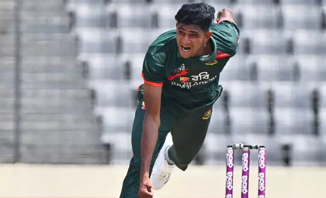 Bangladesh's Nahid Rana bowls a delivery during the second one day international cricket match between Bangladesh and New Zealand in Mirpur, Bangladesh, Monday, April 20, 2026. (AP Photo/Mosaraf Hossain)