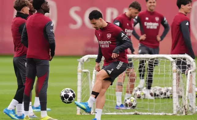 Arsenal's Gabriel Martinelli during a training session in London, Tuesday, April 28, 2026. (John Walton/PA via AP)