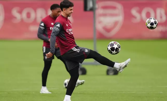 Arsenal's Martin Zubimendi during a training session in London, Tuesday, April 28, 2026. (John Walton/PA via AP)