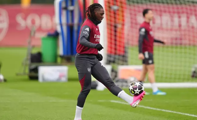 Arsenal's Eberechi Eze during a training session in London, Tuesday, April 28, 2026. (John Walton/PA via AP)
