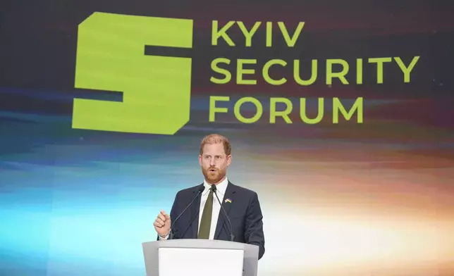 Britain's Prince Harry speaks during the Security Forum in Kyiv, Ukraine, on Thursday, April 23, 2026. (AP Photo/Evgeniy Maloletka)