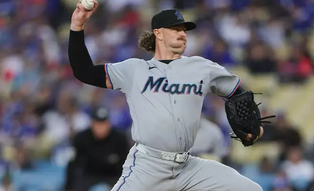 Miami Marlins starting pitcher Chris Paddack delivers during the first inning of a baseball game against the Los Angeles Dodgers, Monday, April 27, 2026, in Los Angeles. (AP Photo/Ryan Sun)