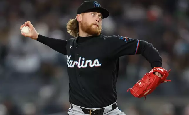 Miami Marlins pitcher Max Meyer throws during the second inning of a baseball game against the New York Yankees, Saturday, April 4, 2026, in New York. (AP Photo/Heather Khalifa)
