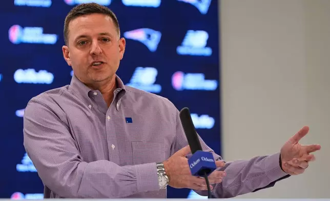 Eliot Wolf, the New England Patriots Executive Vice President of Player Personnel, answers questions during an NFL football media availability, Monday, April 13, 2026, in Foxborough, Mass. (AP Photo/Charles Krupa)