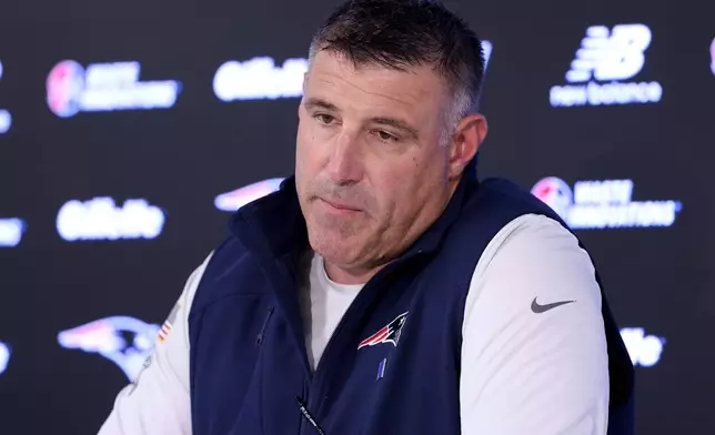 New England Patriots head coach Mike Vrabel speaks during an NFL football press conference, Tuesday, April 21, 2026, in Foxborough, Mass. (AP Photo/Mark Stockwell)