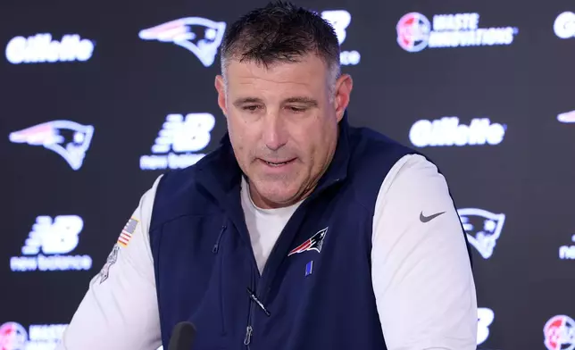 New England Patriots head coach Mike Vrabel speaks during an NFL football press conference, Tuesday, April 21, 2026, in Foxborough, Mass. (AP Photo/Mark Stockwell)