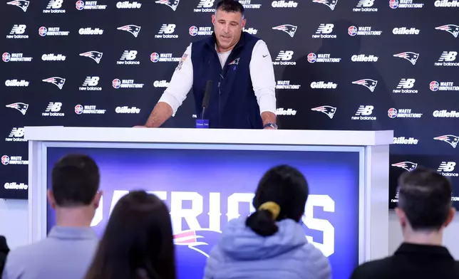 New England Patriots head coach Mike Vrabel speaks during an NFL football press conference, Tuesday, April 21, 2026, in Foxborough, Mass. (AP Photo/Mark Stockwell)