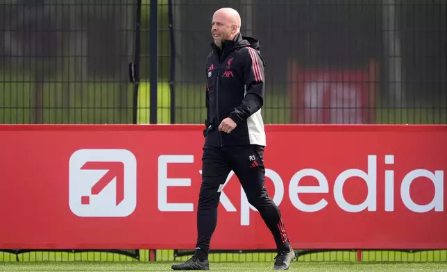Liverpool manager Arne Slot during a training session at the AXA Training Centre, Liverpool, England, Tuesday April 7, 2026. (Peter Byrne/PA via AP)