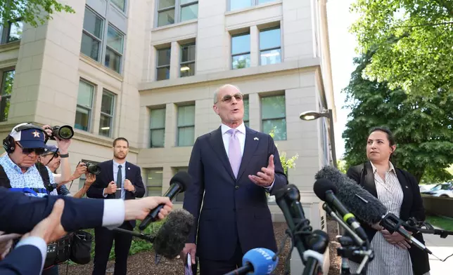 Israeli Ambassador to the U.S. Yechiel Leiter speaks with reporters outside of the State Department in Washington, Tuesday, April 14, 2026. (AP Photo/Jacquelyn Martin)