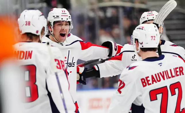 Washington Capitals' Dylan Strome, second from left, celebrates his goal against the Toronto Maple Leafs with teammates during first period NHL hockey action in Toronto on Wednesday, April 8, 2026. (Frank Gunn/The Canadian Press via AP)