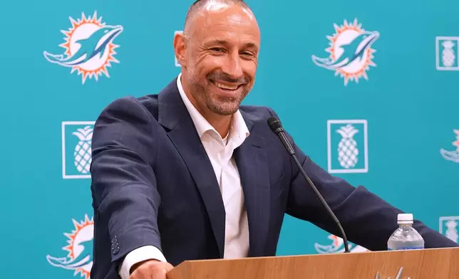 Jon-Eric Sullivan, Miami Dolphins General Manager, speaks following the first round of the NFL draft Thursday, April 23, 2026, in Miami Gardens, Fla. (AP Photo/Marta Lavandier)