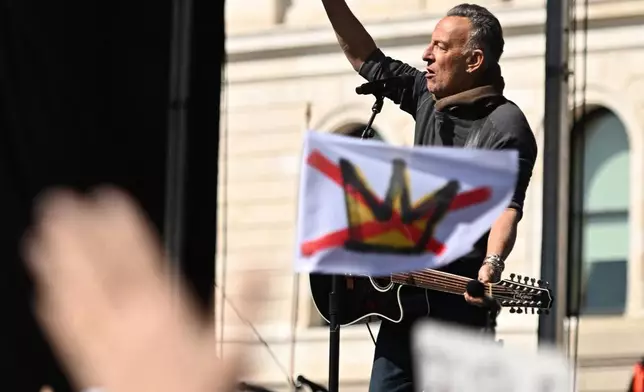 Bruce Springsteen performs during tthe "No Kings" protest Saturday, March 28, 2026, in St. Paul, Minn. (AP Photo/Tom Baker)
