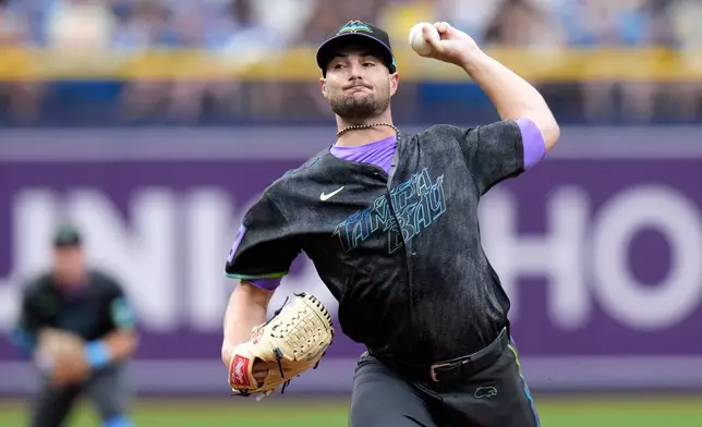 Tampa Bay Rays pitcher Shane McClanahan delivers to the Minnesota Twins during the first inning of a baseball game Saturday, April 25, 2026, in St. Petersburg, Fla. (AP Photo/Chris O'Meara)