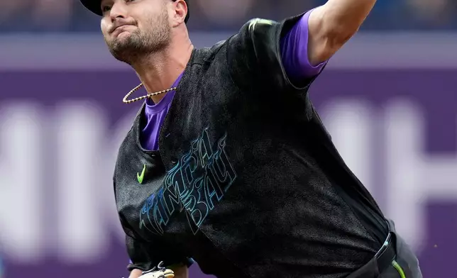 Tampa Bay Rays' Shane McClanahan pitches to the Minnesota Twins during the first inning of a baseball game Saturday, April 25, 2026, in St. Petersburg, Fla. (AP Photo/Chris O'Meara)