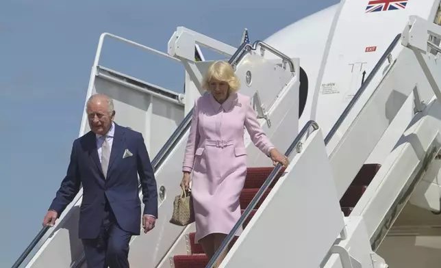 King Charles III and Queen Camilla arrive at Joint Base Andrews, Md., Monday, April 27, 2026. (AP Photo/Rod Lamkey, Jr.)
