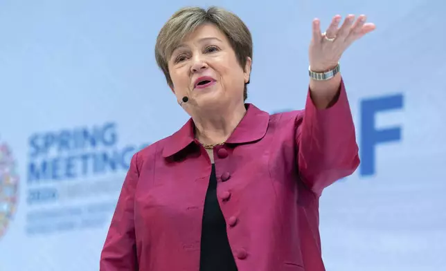 International Monetary Fund (IMF) Managing Director Kristalina Georgieva speaks at a news conference ahead of the World Bank/IMF Spring Meetings at the IMF headquarters in Washington, Thursday, April 9, 2026. (AP Photo/Jose Luis Magana)