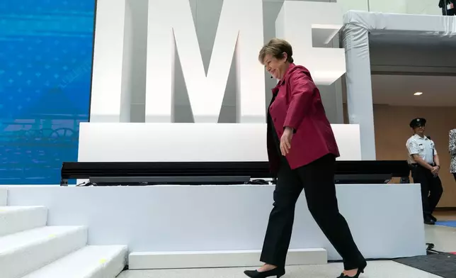 International Monetary Fund (IMF) Managing Director Kristalina Georgieva arrives to speaks at a news conference ahead of the World Bank/IMF Spring Meetings at the IMF headquarters in Washington, Thursday, April 9, 2026. (AP Photo/Jose Luis Magana)
