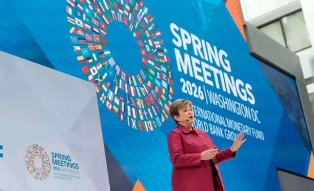 International Monetary Fund (IMF) Managing Director Kristalina Georgieva speaks at a news conference ahead of the World Bank/IMF Spring Meetings at the IMF headquarters in Washington, Thursday, April 9, 2026. (AP Photo/Jose Luis Magana)