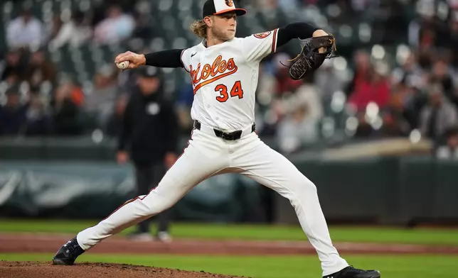 Baltimore Orioles starting pitcher Shane Baz (34) delivers during the third inning of a baseball game against the Houston Astros, Tuesday, April 28, 2026, in Baltimore. (AP Photo/Stephanie Scarbrough)
