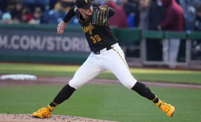 Pittsburgh Pirates pitcher Paul Skenes delivers during the first inning of a baseball game against the San Diego Padresin Pittsburgh, Tuesday, April 7, 2026. (AP Photo/Gene J. Puskar)