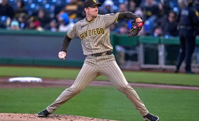 San Diego Padres pitcher Nick Pivetta delivers during the first inning of a baseball game against the Pittsburgh Pirates in Pittsburgh, Tuesday, April 7, 2026. (AP Photo/Gene J. Puskar)