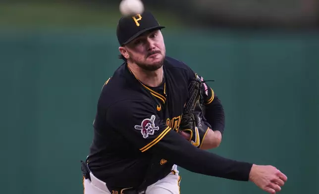 Pittsburgh Pirates pitcher Paul Skenes delivers during the first inning of a baseball game against the San Diego Padresin Pittsburgh, Tuesday, April 7, 2026. (AP Photo/Gene J. Puskar)