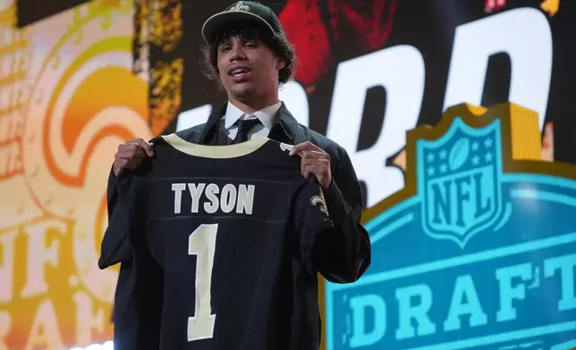 Arizona State wide receiver Jordyn Tyson poses after being chosen by the New Orleans Saints with the eighth overall pick during the first round of the NFL football draft, Thursday, April 23, 2026, in Pittsburgh. (AP Photo/Gene J. Puskar)