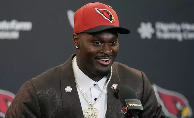 Arizona Cardinals NFL football first round draft choice Jeremiyah Love speaks during a news conference, Friday, April 24, 2026, in Tempe, Ariz. (AP Photo/Ross D. Franklin)