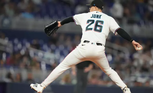 Miami Marlins pitcher Janson Junk (26) throws during the first inning of a baseball game against the Cincinnati Reds, Monday, April 6, 2026, in Miami. (AP Photo/Lynne Sladky)