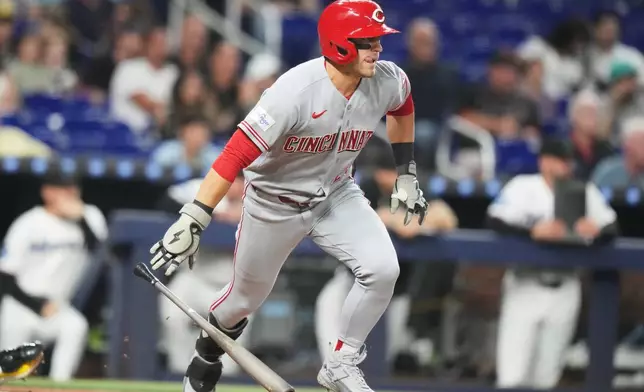 Cincinnati Reds' TJ Friedl runs after hitting a single during the first inning of a baseball game against the Miami Marlins, Monday, April 6, 2026, in Miami. (AP Photo/Lynne Sladky)