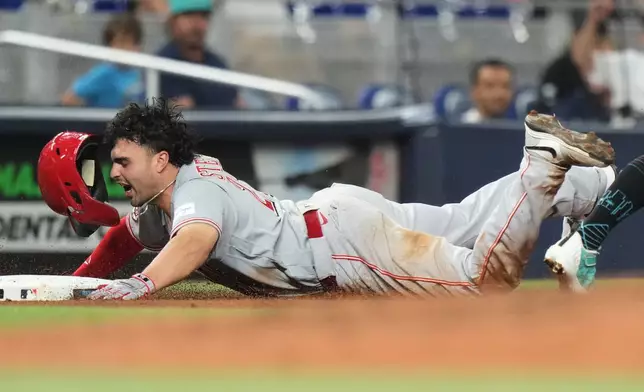 Cincinnati Reds' Sal Stewart is out at third during the fourth inning of a baseball game against the Miami Marlins, Monday, April 6, 2026, in Miami. (AP Photo/Lynne Sladky)