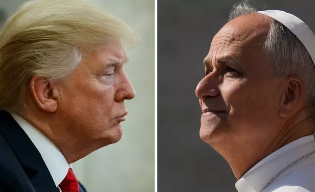 FILE- This combination file photos show on left, President Donald Trump listening during a meeting with North Korean defectors where he talked with reporters about allowing the release of a secret memo on the F.B.I.'s role in the Russia inquiry, in the Oval Office of the White House, on Feb. 2, 2018, in Washington and on right, Pope Leo XIV arriving for his weekly general audience in St. Peter's Square, at the Vatican, on Aug. 6, 2025. (AP Photos/Evan Vucci and Gregorio Borgia, File)