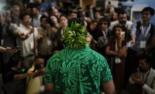 Joseph Sikulu, an activist from Tuvalu, talks during a conference aimed at transitioning away from fossil fuels Wednesday, April 29, 2026, in Santa Marta, Colombia. (AP Photo/Ivan Valencia)