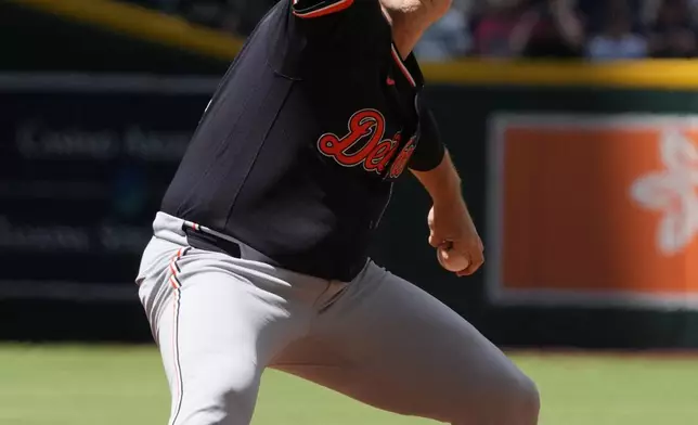 Detroit Tigers pitcher Tarik Skubal throws against the Arizona Diamondbacks in the first inning of a baseball game, Wednesday, April 1, 2026, in Phoenix. (AP Photo/Rick Scuteri)