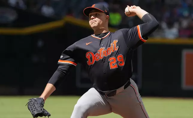 Detroit Tigers pitcher Tarik Skubal throws against the Arizona Diamondbacks in the first inning of a baseball game, Wednesday, April 1, 2026, in Phoenix. (AP Photo/Rick Scuteri)