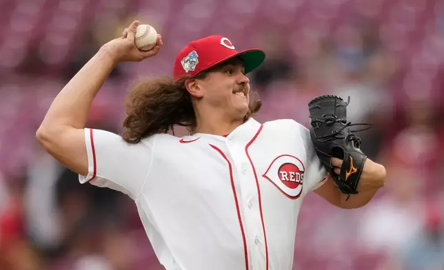Cincinnati Reds pitcher Rhett Lowder throws during the first inning of a baseball game against the San Francisco Giants in Cincinnati, Wednesday, April 15, 2026. (AP Photo/Carolyn Kaster)