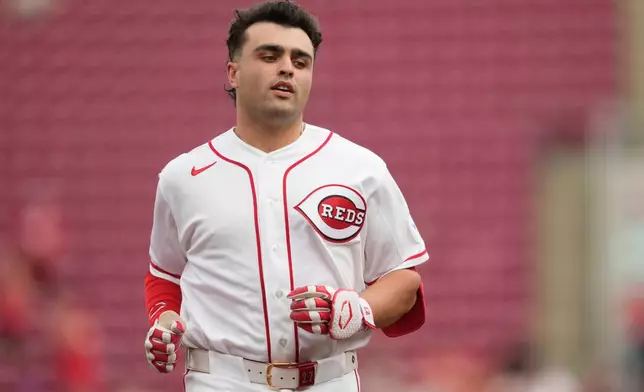 Cincinnati Reds' Sal Stewart runs the bases after hitting a three-run homer during the first inning of a baseball game against the San Francisco Giants in Cincinnati, Wednesday, April 15, 2026. (AP Photo/Carolyn Kaster)