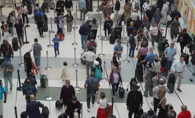 FILE - Travelers line up at a TSA checkpoint at George Bush Intercontinental Airport in Houston, March 24, 2026. (AP Photo/Lekan Oyekanmi, File)