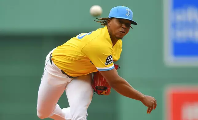 Boston Red Sox's Brayan Bello delivers a pitch to a Detroit Tigers batter in the first inning of a baseball game, Saturday, April 18, 2026, in Boston. (AP Photo/Steven Senne)