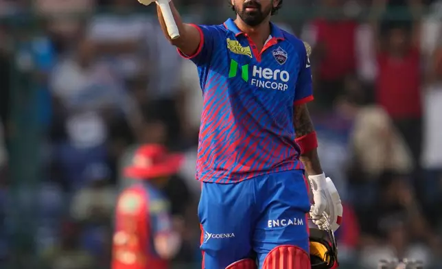 Delhi Capitals' KL Rahul celebrates his century during the Indian Premier League cricket match between Delhi Capitals and Punjab Kings in New Delhi, India, Saturday, April 25, 2026. (AP Photo/Manish Swarup)