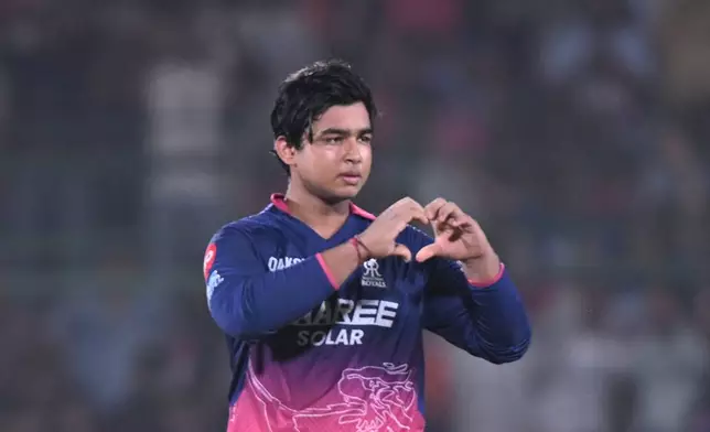 Rajasthan Royals' Vaibhav Sooryavanshi celebrates his century during the Indian Premier League cricket match between Rajasthan Royals and Sunrisers Hyderabad in Jaipur, India, Saturday, April 25, 2026. (AP Photo)
