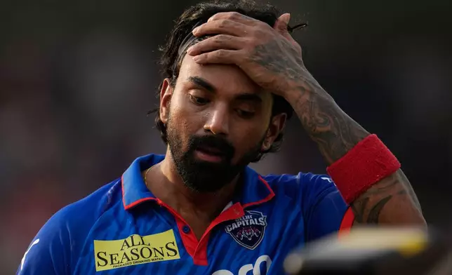 Delhi Capitals' KL Rahul leaves the field at the end of the first inning of the Indian Premier League cricket match between Delhi Capitals and Punjab Kings in New Delhi, India, Saturday, April 25, 2026. (AP Photo/Manish Swarup)