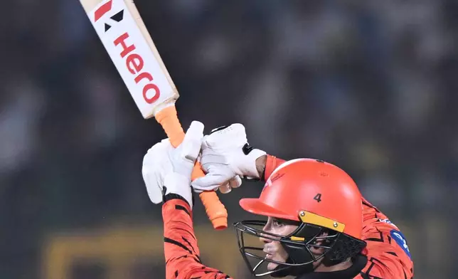 Sunrisers Hyderabad's Abhishek Sharma plays a shot during the Indian Premier League cricket match between Rajasthan Royals and Sunrisers Hyderabad in Jaipur, India, Saturday, April 25, 2026. (AP Photo)