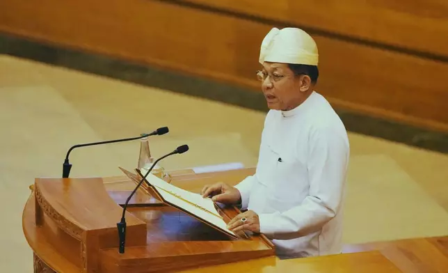 Myanmar newly elected President Min Aung Hlaing speaks during a sworn-in ceremony at Union parliament in Naypyitaw, Myanmar, Friday, April 10, 2026. (AP Photo/Aung Shine Oo)