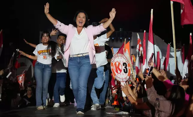 FILE - Presidential candidate Keiko Fujimori, of the Popular Force party, gestures during her closing campaign rally in Lima, Peru, April 9, 2026. (AP Photo/Guadalupe Pardo, File)